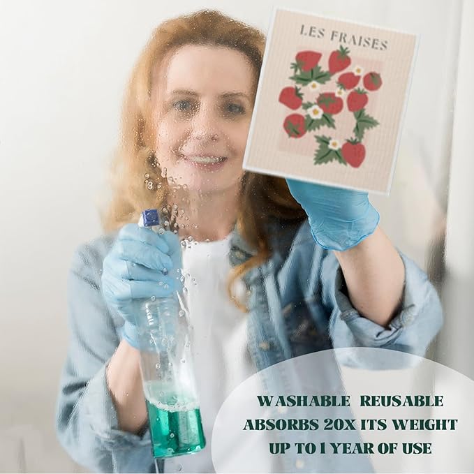 LARTSFRO Swedish Dishcloths for Kitchen, Pink Strawberries Peach Citrons Oranges Swedish DishCloths for Friut, 4 Pack Dish Towels for Kitchen, Papaya Reusable Paper Towels Washable