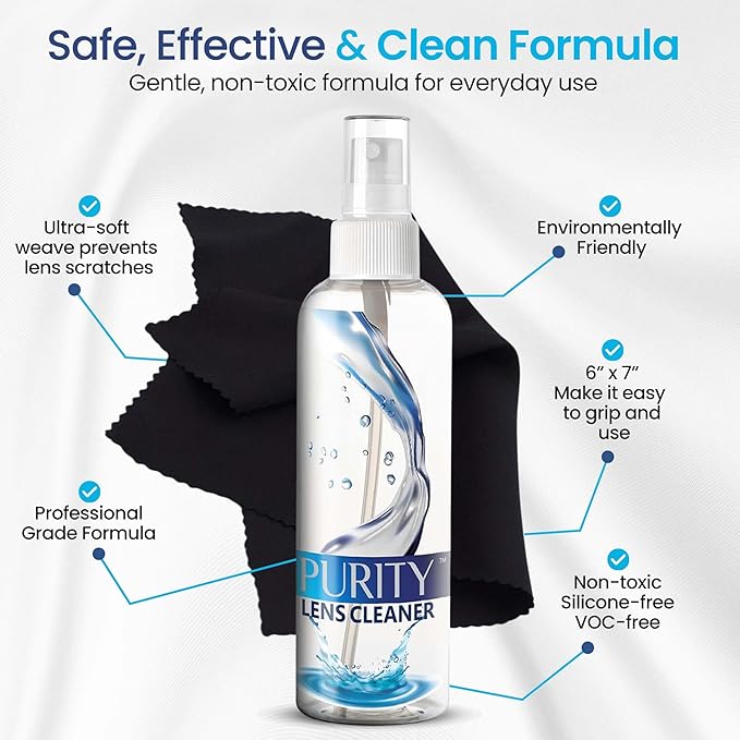 Purity Eyeglass Lens Cleaner Kit - 2 x 8oz and 1 x 2oz Lens Cleaner Spray Bottle + 2 Microfiber Cleaning Cloths - Safe for All Lenses (AR Coated Included), Eyeglasses and Screens - Clear