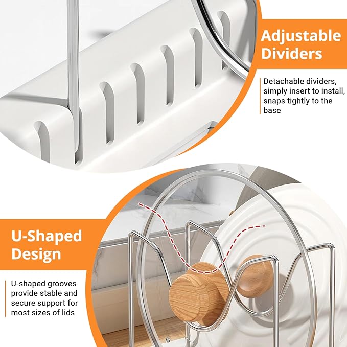 Beruyu Expandable Pot and Pan Organizer Rack for Cabinet, Pot Lid Organizer Holder with 7 Stainless Steel Adjustable Dividers for Kitchen Cabinet Organizer and Storage (White)