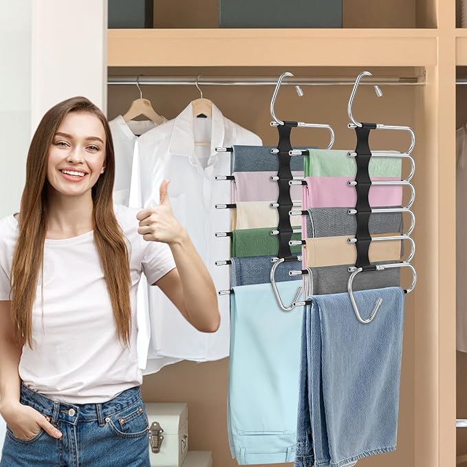 Besslly Upgrade 6 Layers Pants Hangers Space Saving, 2 Pack Stainless Steel Multifunctional Rack Non Slip S-Type Pant Closet Organizer Saver for Leggings Jeans Trousers Scarf, Black