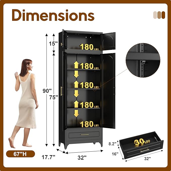 90" Pantry Kitchen Cabinet with Drawer, 75" Pantry Cabinets with 15" Cabinets, Freestanding Kitchen Storage Cabinet for Dining Room, Living Room, Alacena para Cocina, Assembly Required, Black