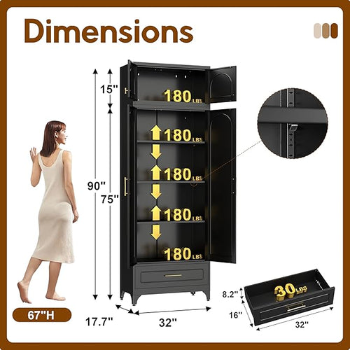 90" Pantry Kitchen Cabinet with Drawer, 75" Pantry Cabinets with 15" Cabinets, Freestanding Kitchen Storage Cabinet for Dining Room, Living Room, Alacena para Cocina, Assembly Required, Black