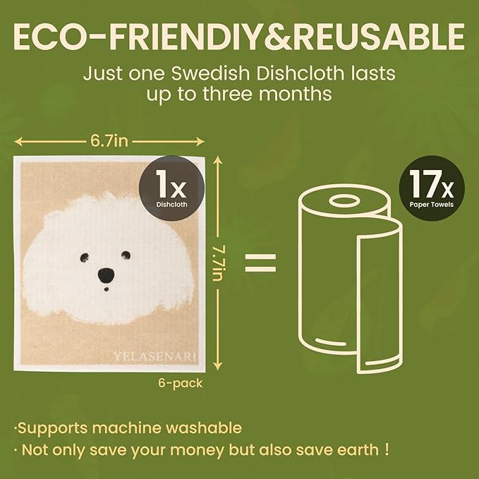 Yelasenari Swedish Dishcloths for Kitchen Reusable 6 Pack Kitchen Towels No Odor Quick-Drying Reusable Paper Towels Reusable Paper Towels Washable for Countertop, Sink, and Kitchen Dog