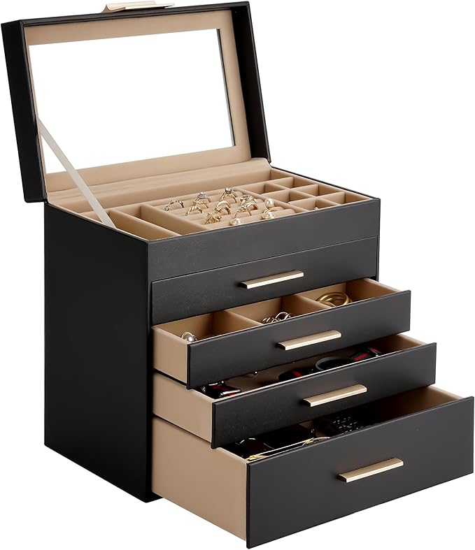 Jewelry Box, 5 Layers Jewelry Storage Display Box with Glass Lid for Women, 4 Drawers,Large Capacity for Necklace Earrings Bracelets Rings, Black