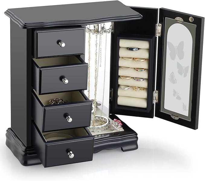 RR ROUND RICH DESIGN Jewelry Box - Made of Solid Wood with 4 Drawers Organizer and Built-in Necklace Carousel and Large Mirror Black