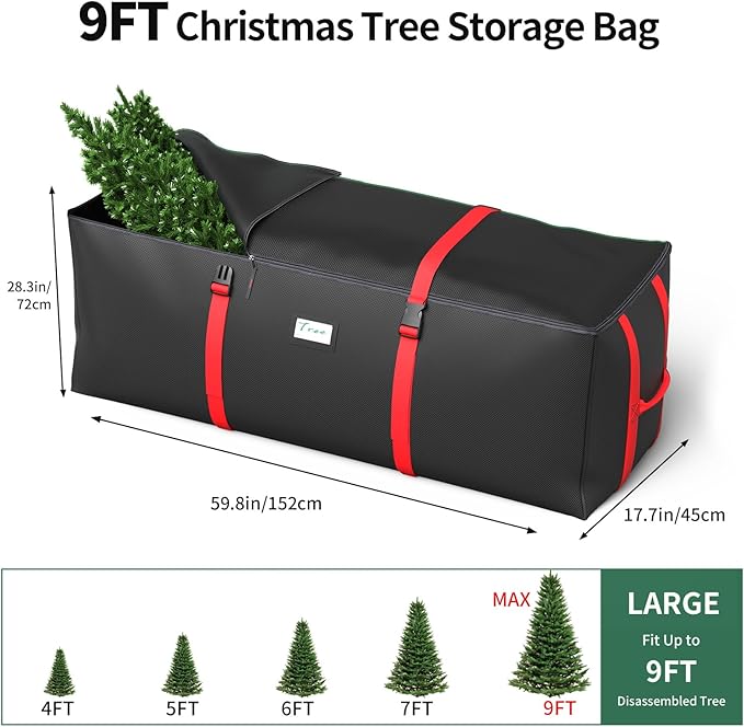 Christmas Tree Storage Bag, Fits Up to 9 Ft Artificial Christmas Tree with Buckle Straps & Dual Zippers & Handles, 600D PVC Durable Waterproof Material Protects from Dust (Black)