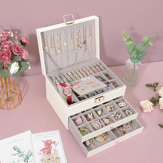 DesignSter Jewelry Box,Jewelry Organizer with 2 Drawers, 3 Layers Leather Jewelry Storage Box with Lock, Jewelry Storage Case for Necklaces Earrings Bracelets and Rings（Beige）