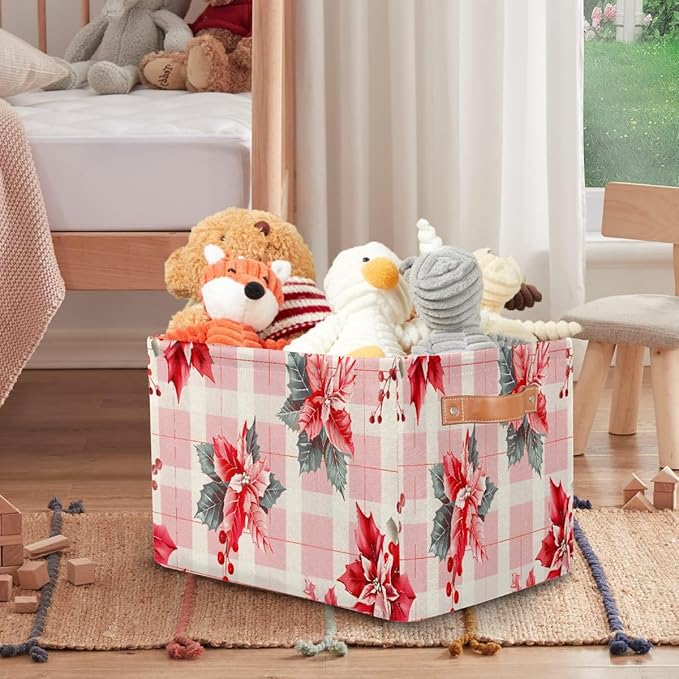 Storage Baskets Bin, Christmas Winter Poinsettia Collapsible Canvas Fabric Storage Bin Decorative Baskets Toy Organizer Rectangle Storage Boxes with Handles for Home Shelves Nursery, J-003