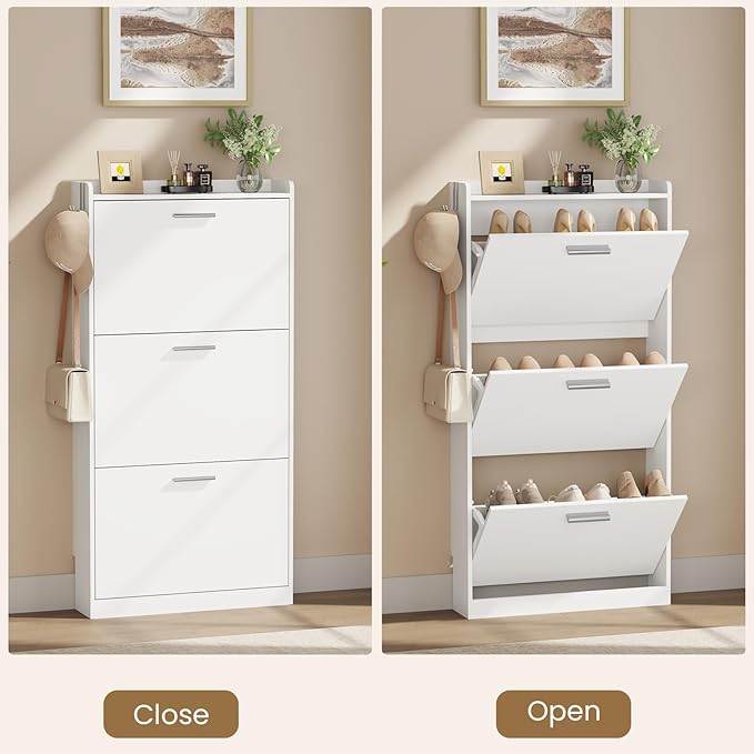 Shoe Cabinet Organizer with 3 Flip Drawers，Freestanding Shoe Rack Cabinet，Narrow Shoe Cabinet Storage for entryway，Foyer, Hallway, White, 23.6" W × 6.3" D × 47.2" H