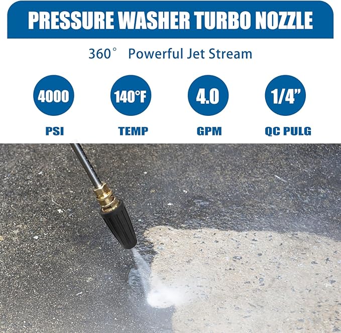 Pressure Washer Tips Turbo Nozzle - 4000PSL Max Rotating 360° Pressure Washer Turbo Nozzle 4.0 GPM 4.0 Orifice With 1/4'' Quick Connect for Cleaning Garden Car Brick, Concrete, and Vinyl Surfaces