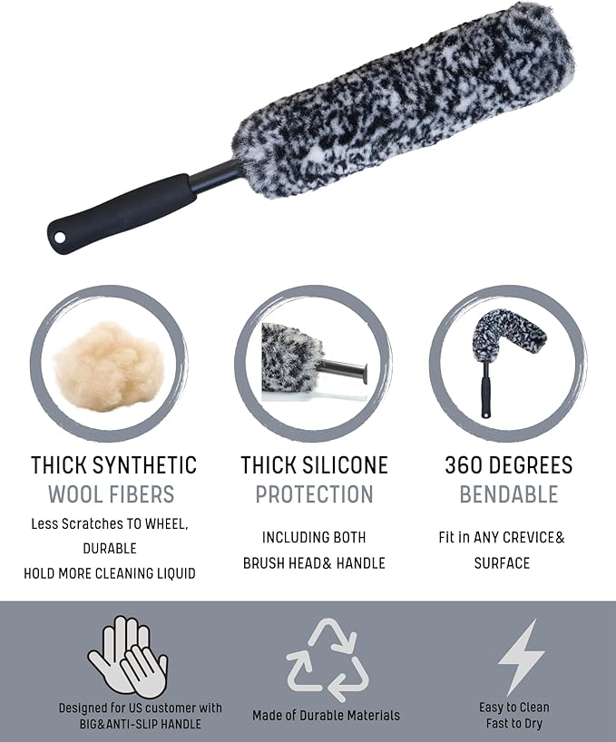 PRO Choice 4 Pack Long Handle Wheel Brush Kit for Cleaning Wheel and Tire- 2X Soft Wheel Cleaning Brush, Detailing Brush and Stiff Tire Brush