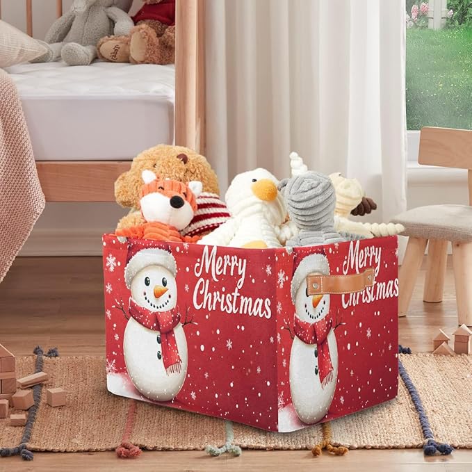 Storage Baskets Bin, Christmas Winter Snowman Collapsible Canvas Fabric Storage Bin Decorative Baskets Toy Organizer Rectangle Storage Boxes with Handles for Home Shelves Nursery, J-015