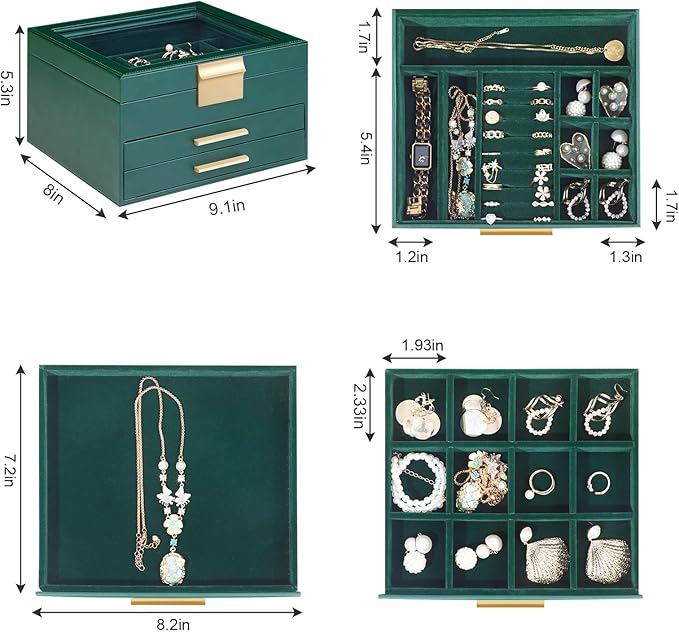 Jewelry Box Organizer for Women,3 Layers PU Leather Jewelry Storage Display Box with Glass Lid,Gift for people,3 Drawers,Large Capacity for Necklace Earrings Bracelets Rings, Dark Green