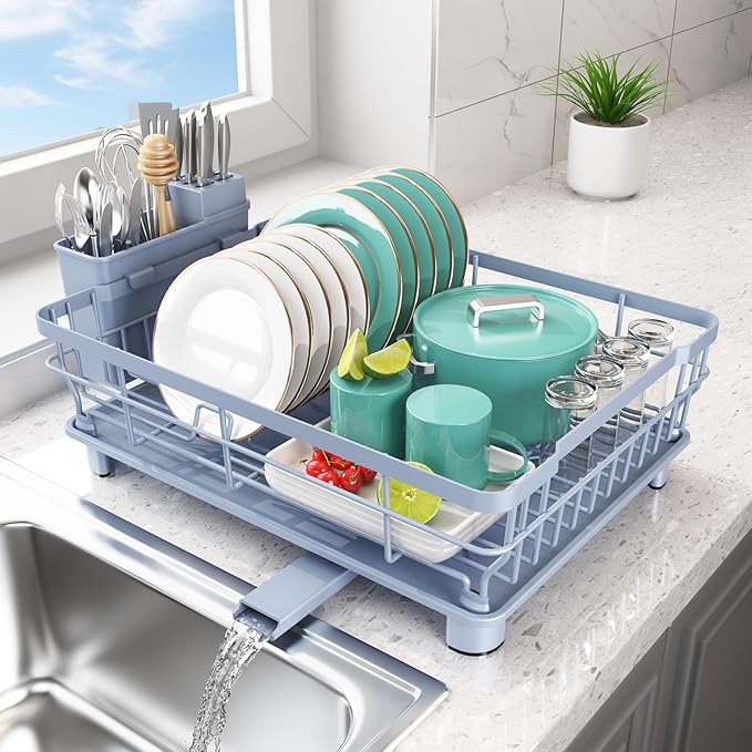 Ricobes Dish Drying Rack - Space Saving Dish Rack - Dish Racks for Kitchen Counter with Drainboard,Rustproof Dish Drainer with Removable Utensil Holder,Blue
