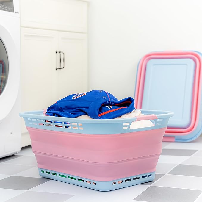 SAMMART 42L (11 Gallons) Collapsible Plastic Laundry Basket - Foldable Pop Up Storage Container/Organizer - Portable Washing Tub - Space Saving Hamper[BPA Free] (Cool Blue/Maglia Rosa (Set of 2))