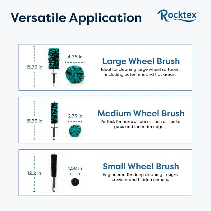 Rocktex Wheel Brush Set – 3 Sizes Multi-Fiber Blend, Non-Scratch Design for Car & Motorcycle Rims, Spokes, Barrels, Brake Dust, Tight Gaps, Eco-Friendly Clean