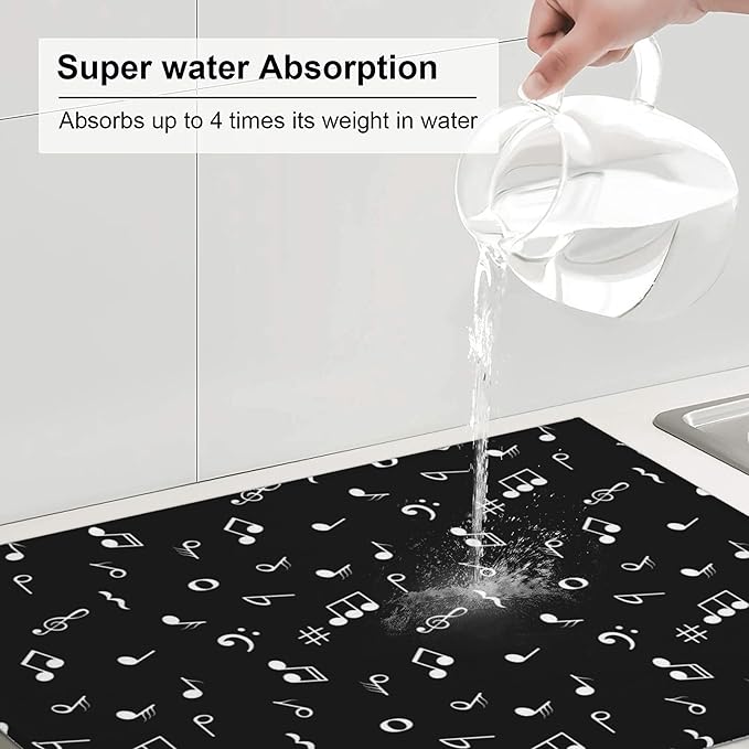 Music Notes Dish Drying Mat for Kitchen Counter Musicial Dish Drainer Rack Mats 16x18 Inches Absorbent Reversible Black Drying Pad