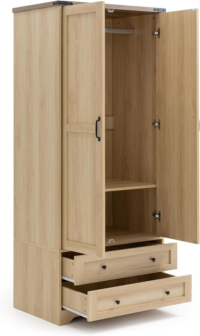 Brafab Armoire Wardrobe Closet with 2 Modern Doors Set of 2, 71" Tall Freestanding Closet Wardrobe Cabinet with Drawers and Hanging Rail, Wooden Storage Cabinet with Shelve for Bedroom,Natural