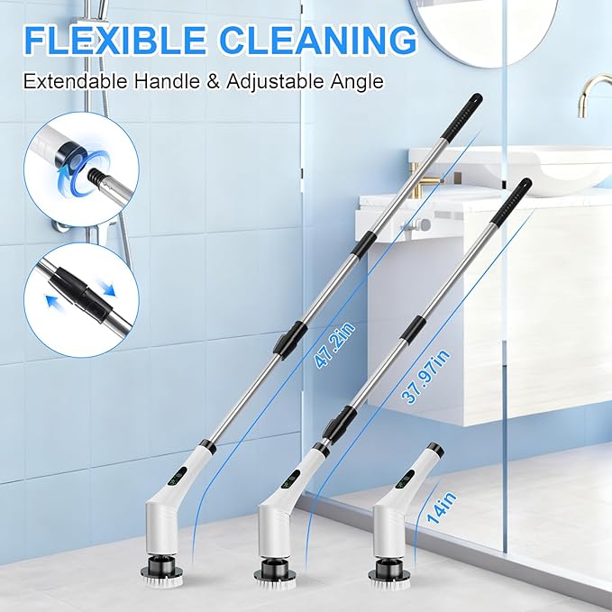 CVRUAY Electric Spin Scrubber, Cordless Shower Cleaning Scrubber with 9 Brush Heads, 2 Speed with Adjustable Extension Handle, Waterproof Bathroom Scrubber with LCD Display for Bathtub Kitchen Wall