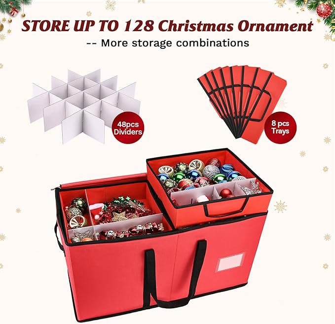 Christmas Ornament Storage Box, Ornament Storage Organizer Fits 128 of 3 inch Ornament Balls, 8 Removable Tray Ornaments Storage Containers with Dividers to Store Xmas Holiday Decor(Red)