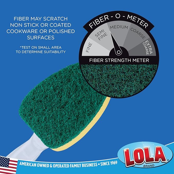 LOLA Dish Brush w/Soap Dispenser Wand, 12 Brushes w/Heads & 72 Refills, Absorbent Sponge Scrubber, No Leaking. Clean Dishes, Sinks and Cookware