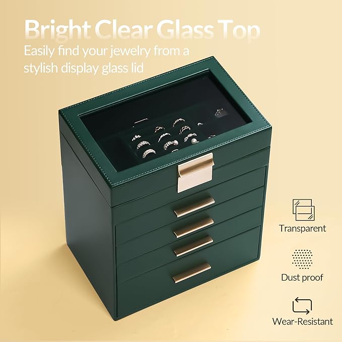 Jewelry Box, 5 Layers Jewelry Storage Display Box with Glass Lid for Women, 4 Drawers,Large Capacity for Necklace Earrings Bracelets Rings, Green