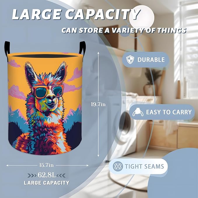 Colorful Llama with Cool Sunglasses Laundry Basket with Handles, 19.7"x15.7" Clothes Foldable Laundry Hamper Organizer for Dorm Nursery Bedroom Bathroom Decor, Toy Storage Bin for Kids