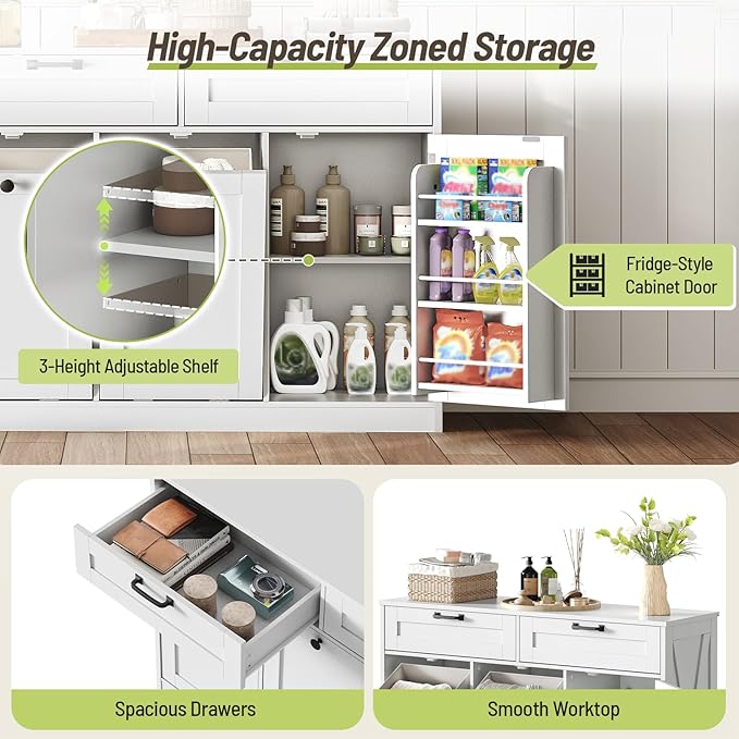 Double Tilt Out Laundry Hamper Cabinet, 43.3" Laundry Storage Cabinet with 2 Removable Baskets, Farmhouse Wooden Hidden Trash Bin Cabinet with Open Shelving, for Bathroom, White