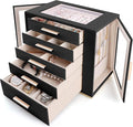 Homeanda Jewelry Box for Women with Glass Lid, 5 Drawers Jewelry Organizer and Storage for Necklaces, Rings, Earrings, Bracelets, Gift for Girls and Teens,PU Leather (Black)