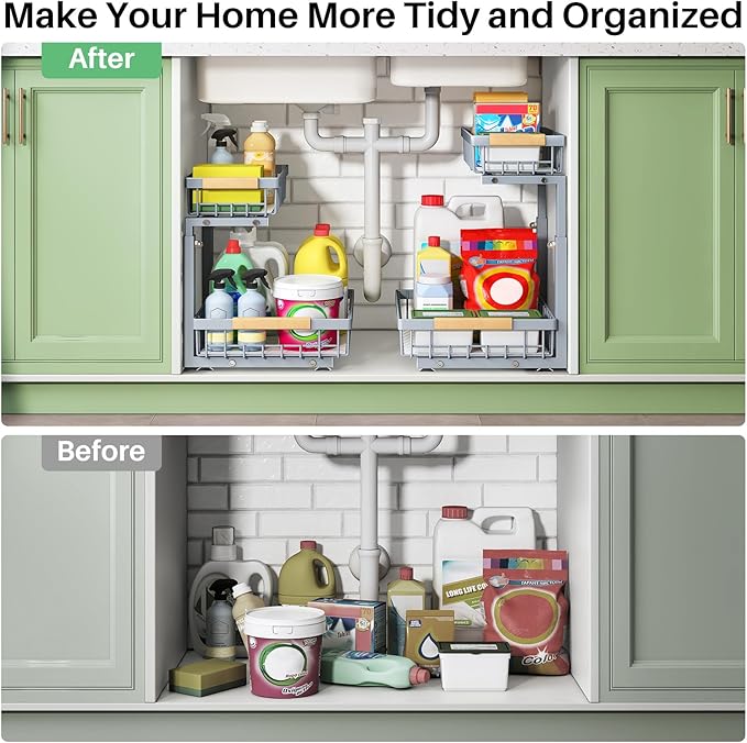 Kitstorack Under Sink Organizer, 2 Packs 2 Tier Under Sink Organizers and Storage, Slide out Pull out Cabinet Organizer Shelf, Metal Sliding Drawer for Kitchen Bathroom Pantry Closet Rack(Grey)