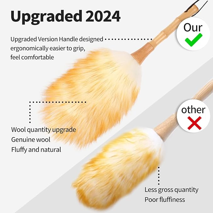 FeelfunFeather Feather Duster, Lambswool Duster for Cleaning,with Solid Wooden Handle,Leather Hang Strap,Anti-Static 14.9 inch Washable Reusable Small Hand Duster(Natural) for Office, Home and Car