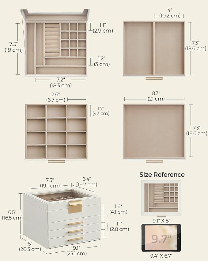 SONGMICS Jewelry Box Organizer with Glass Lid, 4-Layer Jewelry Storage, with 3 Drawers, Modern Style, 8 x 9.1 x 6.5 Inches, Cloud White and Gold Color UJBC173W01