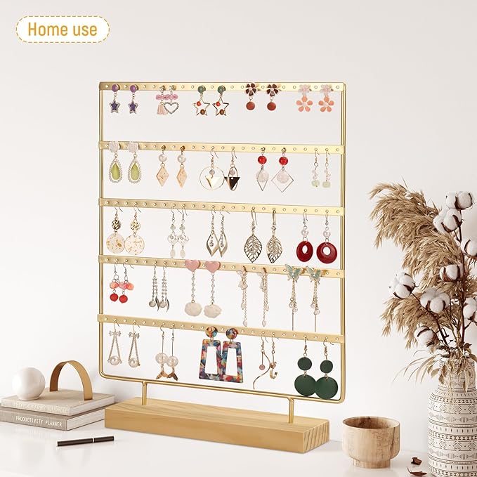 5 Tier 120 Hole Earring Holder Organizer, Rust Proof Metal and Wooden Base Jewelry Organizers and Storage for 60 Pairs of Earrings, Suitable for Home Storage and Sales Display