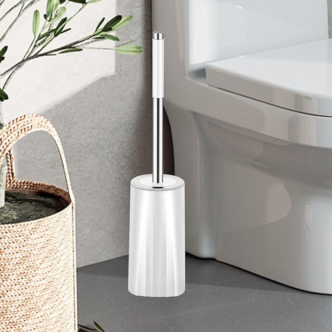 Toilet Brush and Holder Set, Compact Toilet Bowl Brush with Stainless Steel Handle, Hard Bristles, Drip-Proof, Easy to Assemble, Deep Cleaning White