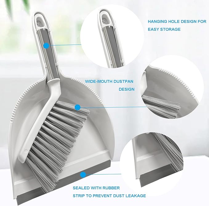 Small Broom with Dustpan Combo Set Mini Broom and Brush Set Hand Sweeper for Cleaning Desk Office Kitchen Pet Nest (White)