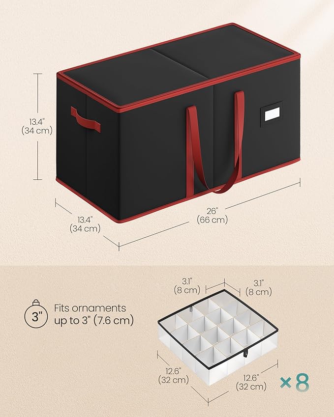 SONGMICS Christmas Ornament Storage Box, Dual Zippers, Stackable Christmas Storage Container with Lid, 8 Trays, 600D Oxford, 3-Inch 128 Slots, Ink Black URFB035B01