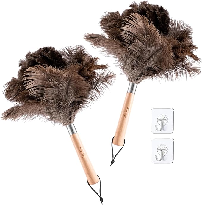 Nicemiya 2 Pack Ostrich Feather Dusters with Wooden Handle, 13.5 inch Natural Fluffy Feather Dusters for Dusting Home, Car, Delicate Surfaces, Reusable Soft Cleaning Tools for Ledges, Blinds