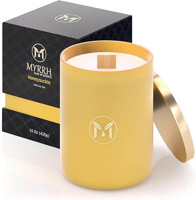 MyrrhUSA Honeysuckle Scented Candle – 15 oz Natural Soy Wax with Crackling Wooden Wick & Essential Oils | 80 Hour Burn | Luxury Aromatherapy Candle for Relaxation, Home Décor, Living Room & Bathroom