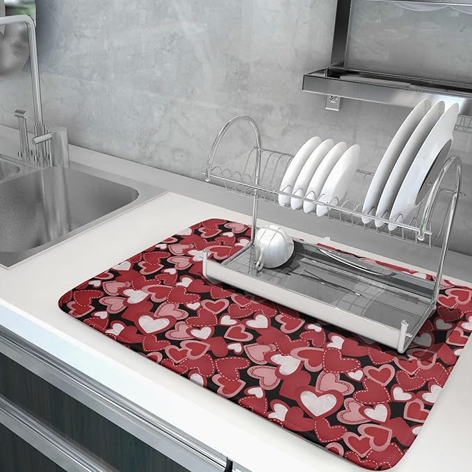 Valentines Day Dish Drying Mat for Kitchen Counter 24x18 Inch Love Drying Mat with Absorbent Reversible Microfiber Black Red Grey Heart Dish Drainer Mats Rack Pad for Coffee Countertop Protector