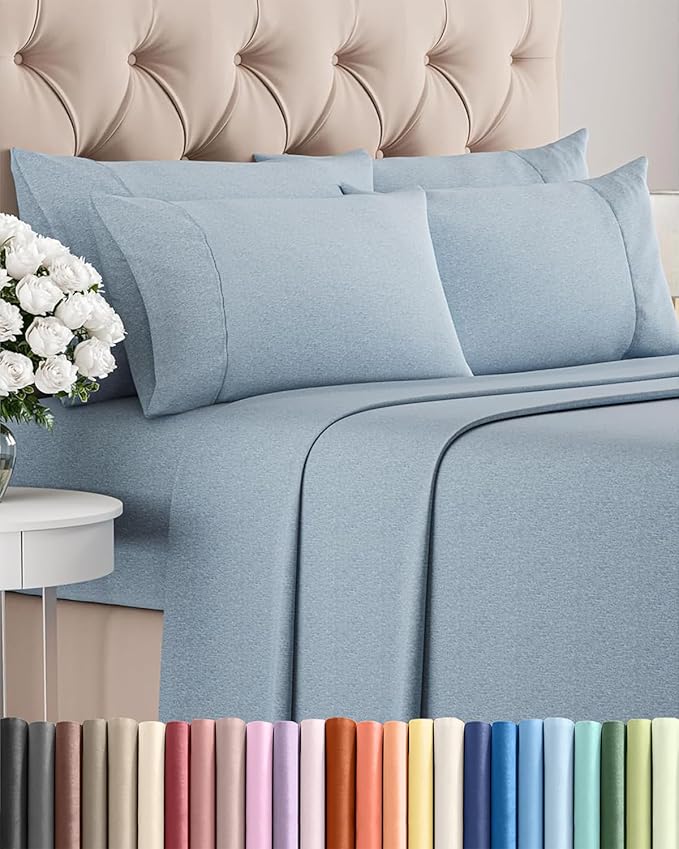 Queen 6 Piece Sheet Set - Comfy Breathable & Cooling - Soft Hotel Luxury Bedding Set with 8-16 Inch Deep Pockets - 1 Flat & 1 Fitted Sheet & 4 Pillowcases - Wrinkle Free & Easy Care - Heathered Blue