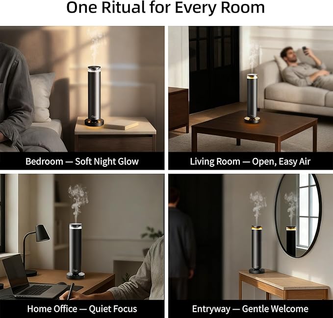 A5 Waterless Essential Oil Diffuser Starter Kit – 1000 Sq Ft Large Room Waterless Diffuser for Home, Hotel Scent Diffuser with Remote Control & Halo Light, Includes 4×40ml Oils, Black Aluminum