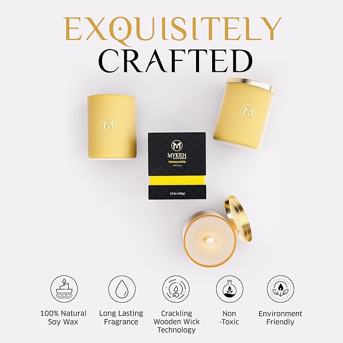 MyrrhUSA Honeysuckle Scented Candle – 15 oz Natural Soy Wax with Crackling Wooden Wick & Essential Oils | 80 Hour Burn | Luxury Aromatherapy Candle for Relaxation, Home Décor, Living Room & Bathroom