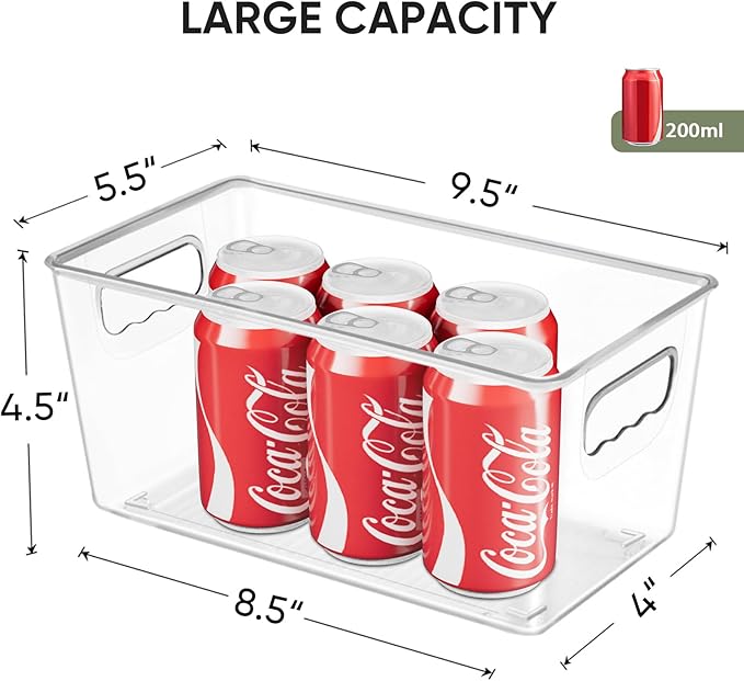 BALEINE Clear Plastic Storage Bins, Pantry Organization, BPA Free Stackable Refrigerator Organizers and Storage with Handles for Kitchen Fridge Cabinet Bathroom (8PK, 9.5x5.5x4.5)