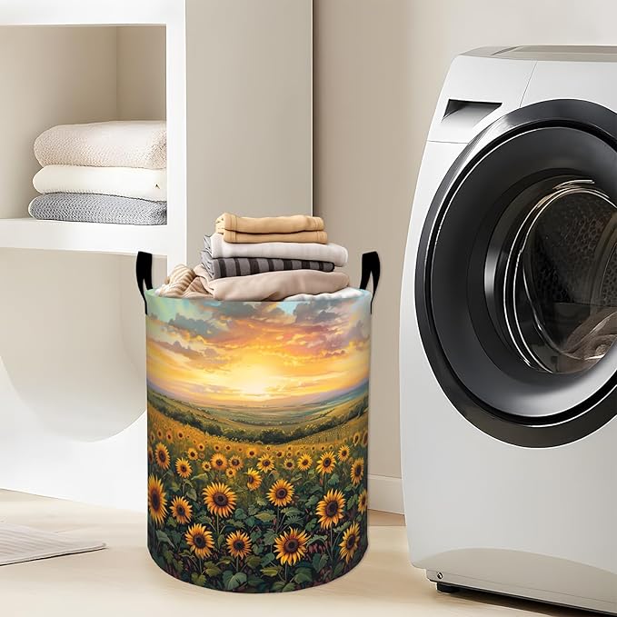 Golden Sunflower Sunset Field Laundry Basket with Handles, 19.7"x15.7" Clothes Foldable Laundry Hamper Organizer for Dorm Nursery Bedroom Bathroom Decor, Toy Storage Bin for Kids