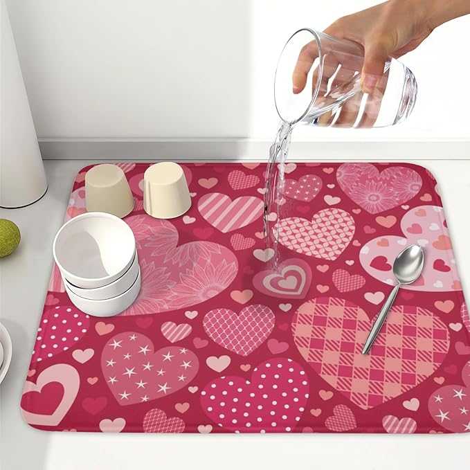 ABSOP Valentine's Day Dish Drying Mat 16 x 18 Inch Heart Shaped Pattern Dish Drying Pad Absorbent Microfiber Mats for Red Dish Rack Pad for Kitchen Counter Coffee Bar Decor