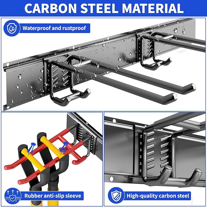 CRXCRC Garage Tool Organizer Wall Mount, 48inch Heavy Duty Garden Tool organizer Storage System, Easy Install With 6 Adjustable Bilayer Hooks, For Garage, Basement, Shed, Workshop(Black)