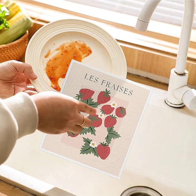 LARTSFRO Swedish Dishcloths for Kitchen, Pink Strawberries Peach Citrons Oranges Swedish DishCloths for Friut, 4 Pack Dish Towels for Kitchen, Papaya Reusable Paper Towels Washable