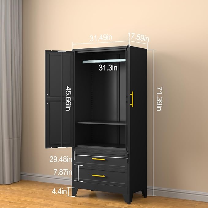 Metal Armoire Wardrobe Closet, 71 "Metal Clothing Storage Cabinet with Adjustable Shelves and Hanging Rod, Household Steel Wardrobe Storage Cabinet with Drawers (Armoire-Black)