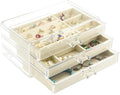 Weiai Acrylic Jewelry Box 3 Drawers, Velvet Jewellery Organizer, Earring Rings Necklaces Bracelets Display Case Gift for Women, Girls, Beige