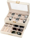 Voova Jewelry Box Watch Boxes Organizer for Men Women, 2 Layer Large 12 Slot PU Leather Watch Storage Case, Glass Top Jewelry Display Holder for Watches Sunglasses Rings Necklaces Bracelets,Apricot